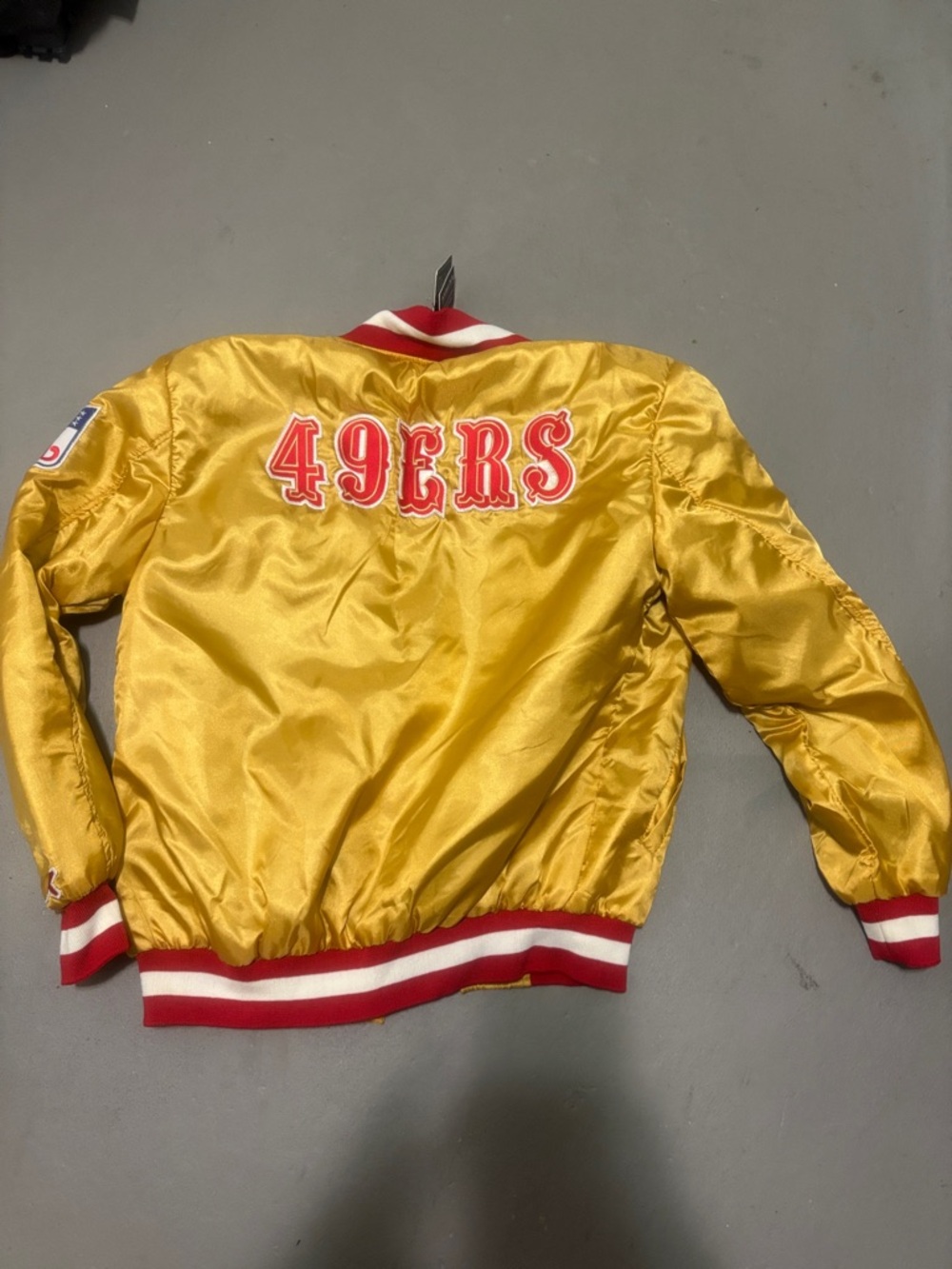 Gold Satin Bomber Jacket with Red Trim